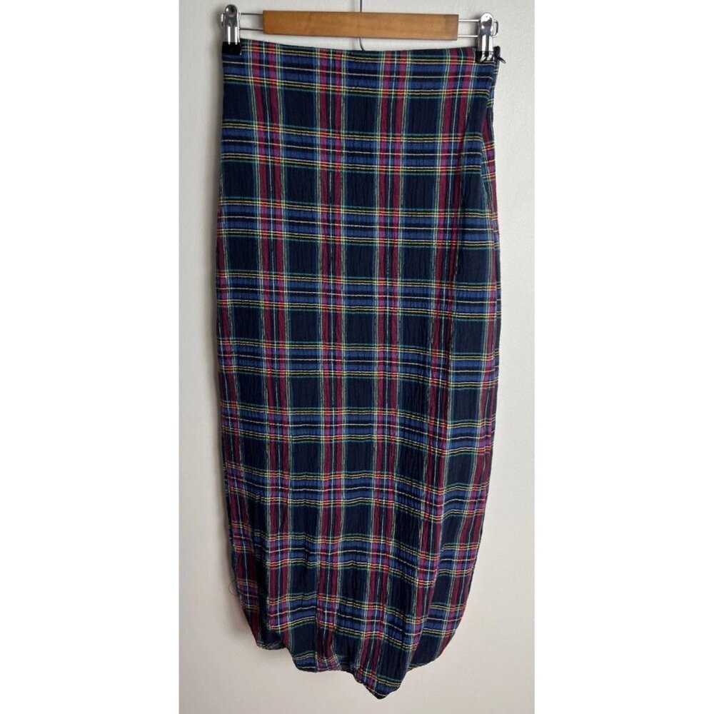 Zara Plaid Tartan Bubble Hem Midi Skirt Navy Blue Red Yellow XS Women’s